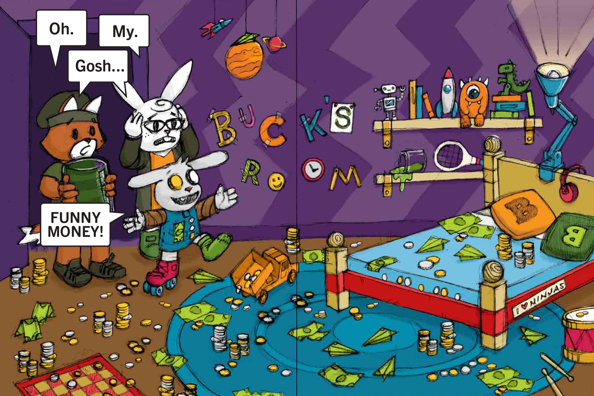 Interior spread from Funny Money: the crew discovers Buck's room covered in money-turned-toys